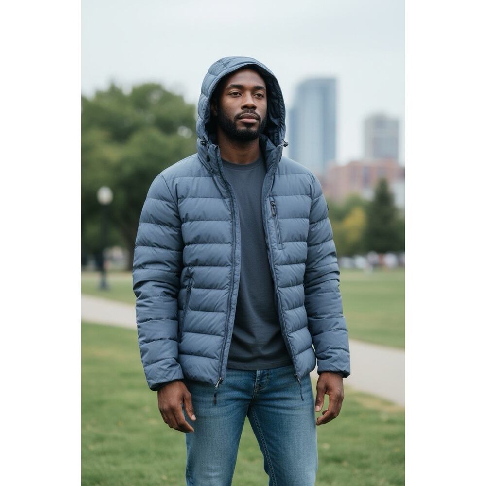 Michael Kors Men's Gray Hooded Puffer Jacket, Full Zip, Drawstring Waist, Size M